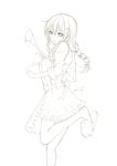  absurdres apron braid breasts copyright_request highres kagerou_(shadowmage) lineart long_hair medium_breasts monochrome slippers smile solo 