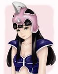  1girl adam026 armor black_eyes black_hair breasts chi-chi_(dragon_ball) chichi cleavage dragon_ball female helmet long_hair pink_background sashimi_(adam026) solo 