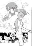  absurdres bed blanket blush comic door_handle fever greyscale heartcatch_precure! highres kurumi_momoka long_hair lying monochrome multiple_girls muumin pillow precure school_uniform silent_comic tsukikage_yuri 