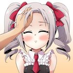  blush bow closed_eyes drill_hair forehead frills hair_bow hands hands_on_another's_face hands_on_another's_head idolmaster idolmaster_cinderella_girls kanzaki_ranko necktie open_mouth silver_hair sleeveless twintails uraichishi 