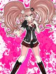  bad_id bad_pixiv_id blue_eyes boots bow breasts choker cleavage danganronpa danganronpa_1 enoshima_junko evil_grin evil_smile grin hair_ornament knee_boots kocoko medium_breasts necktie pink_hair plaid plaid_skirt pleated_skirt skirt sleeves_rolled_up smile solo spoilers v 