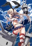  :3 anchor anchor_hair_ornament ass battleship black_panties blonde_hair blush brown_eyes cloud crop_top crop_top_overhang elbow_gloves g-string gloves hair_ornament hairband highleg highleg_panties highres kantai_collection long_hair looking_at_viewer looking_back md5_mismatch midriff military military_vehicle panties rensouhou-chan shimakaze_(kantai_collection) shiny shiny_skin ship skindentation skirt sky solo striped striped_legwear thighhighs thong tsuuhan underwear warship watercraft white_gloves 