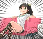  &gt;:) abekawa ankle_lace-up bench black_hair cross-laced_footwear emphasis_lines fang ganaha_hibiki green_eyes idolmaster idolmaster_(classic) long_hair open_mouth ponytail sandals shorts smile translated v-shaped_eyebrows 