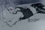  ban_(nanatsu_no_taizai) bed bed_sheet bottle kyuugou_(ninekoks) leather leather_pants looking_at_viewer lying male_focus nanatsu_no_taizai pants pillow pillow_hug red_eyes scar solo spiked_hair 