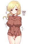  1girl adult blonde_hair blush breast_squeeze breasts covering covering_crotch drill_hair hair_ornament hard_translated highres huge_breasts impossible_clothes impossible_shirt impossible_sweater mahou_shoujo_madoka_magica older ribbed_sweater shirt solo sweat sweater tomoe_mami translated twin_drills v_arms white_background yellow_eyes yusato 