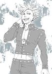  ban_(nanatsu_no_taizai) fang grin jacket kakuu leather leather_jacket leather_pants looking_at_viewer male_focus midriff monochrome nanatsu_no_taizai navel pants scar smile solo spiked_hair tongue 