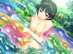  :o @_@ artist_request black_hair breasts circlet day drapeko!_onedari_dragon_to_oppai_yuusha dutch_angle game_cg large_breasts nipples nude outdoors short_hair slime surrounded tooru_(drapeko!) yellow_eyes 