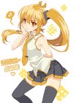  1girl akita_neru bare_shoulders black_legwear blonde_hair blush hard_translated long_hair mochiya_marosuke musical_note necktie side_ponytail skirt solo spoken_musical_note thighhighs translated vocaloid yellow_eyes 