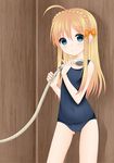  ahoge bad_id bad_pixiv_id blonde_hair blue_eyes braid cameltoe green_eyes highres kengo_(kengo_0530) long_hair navel one-piece_swimsuit original ribbon school_swimsuit shower_head showering smile solo swimsuit 