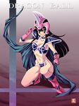  1girl armor bangs bikini_armor black_eyes black_hair boots breasts cape chi-chi_(dragon_ball) chichi choker cleavage copyright_name dragon_ball female gloves hand_up helmet highres kneeling long_hair looking_at_viewer navel ogapiyo pose salute shoulder_pads signature smile solo thighs two-finger_salute 