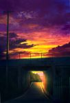  absurdres bridge bush cloud cloudy_sky commentary_request fence gradient_sky guard_rail highres mks no_humans original outdoors power_lines purple_sky scenery sky sunset telephone_pole 