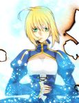  ahoge artoria_pendragon_(all) bad_id bad_pixiv_id blonde_hair dress fate/stay_night fate_(series) green_eyes hair_ribbon ribbon saber solo terimayo_(sonnne_farbe) 