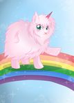  blue_eyes blush derpylover equine female feral fluffle_puff fluffy friendship_is_magic fur horn horse looking_at_viewer mammal my_little_pony outside pink_fur pony rainbow sky solo sparkles tongue tongue_out 