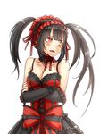  bare_shoulders black_hair blush bow breasts choker cleavage collarbone crossed_arms date_a_live frills hairband heterochromia highres lolita_fashion lolita_hairband long_hair medium_breasts mikitsui open_mouth red_eyes solo tokisaki_kurumi tsundere twintails white_background yellow_eyes 