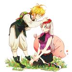  1girl animal asymmetrical_clothes blonde_hair blue_eyes blush boots bow bowtie couple earrings eating elizabeth_liones flower green_eyes guttary hair_flower hair_ornament hair_over_one_eye hawk_(nanatsu_no_taizai) head_wreath hetero jewelry long_hair meliodas midriff nanatsu_no_taizai navel open_mouth pig putting_on_headwear ribbon shirt short_hair silver_hair simple_background sitting skirt smile sword sword_hilt weapon white_background 