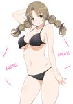  1girl arm_up bikini braid breasts brown_eyes brown_hair cleavage frilled_bikini frills hard_translated highres large_breasts mound_of_venus navel nora_higuma ootani_momoko photokano smile solo swimsuit thick_thighs thighs translated twin_braids twintails underboob 