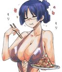  :t bangs blue_hair braid breasts casual_one-piece_swimsuit center_opening chopsticks cleavage closed_eyes collarbone cross-laced_clothes eating flower folded_ponytail food glasses hand_up holding holding_chopsticks holding_plate kikuta large_breasts marker_(medium) meat millipen_(medium) motion_lines one-piece_swimsuit parted_bangs parted_lips plate purple_swimsuit rectangular_eyewear ridget_(suisei_no_gargantia) rimless_eyewear sideboob simple_background solo sparkle suisei_no_gargantia swimsuit traditional_media upper_body v-shaped_eyebrows white_background 