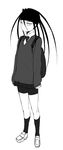  1boy androgynous backpack bag bike_shorts black_hair bow crossdressing envy_(fma) frown fullmetal_alchemist headband hiroshi_(kitaro) homunculus knee_socks kneehighs long_hair looking_at_viewer monochrome school_uniform shoes shorts skin_tight skirt socks solo sweater 