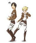  1girl ? annie_leonhardt belt blonde_hair blue_eyes boots brown_hair collarbone emblem eren_yeager kicking long_sleeves open_mouth paradis_military_uniform shingeki_no_kyojin short_hair silver_eyes standing sweatdrop training_corps_(emblem) uemukai_dai uniform white_background 