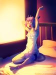  akami_katejina animal_ears armpits barefoot bed blue_hair cat_ears cat_tail devin_elle_kurtz dress feet full_body glowing indoors long_dress morning open_mouth original pillow red_eyes short_hair solo stretch sun sunlight tail waking_up white_dress window yawning 