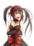  bare_shoulders black_hair blush bow breasts choker cleavage collarbone crossed_arms date_a_live frills hairband heterochromia highres lolita_fashion lolita_hairband long_hair medium_breasts mikitsui open_mouth red_eyes solo tokisaki_kurumi tsundere twintails white_background yellow_eyes 