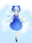  :o ahoge ankle_socks blue_eyes blue_hair bow cirno dress full_body gradient gradient_background hair_bow highres kameyan looking_at_viewer mary_janes outstretched_arms puffy_short_sleeves puffy_sleeves ribbon shoes short_hair short_sleeves solo spread_arms touhou wings 