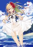  1girl bare_knees blonde_hair brown cloud clouds day eyes female long_hair looking_at_viewer lord_of_vermilion ocean palm_tree sentoiro sky smile solo straight_hair thetis_(lord_of_vermilion) tree wading water wink 