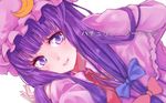  blurry character_name crescent dress hair_ribbon hand_in_hair hat long_hair miro_(a87859660) patchouli_knowledge purple_eyes purple_hair ribbon smile solo touhou 