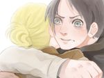  1girl annie_leonhardt black_hair blonde_hair eren_yeager green_eyes hug kyomitsu long_sleeves shingeki_no_kyojin 