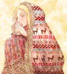  annie_leonhardt bad_id bad_pixiv_id blanket blonde_hair blue_eyes cup deer long_sleeves scarf shingeki_no_kyojin sitting solo 