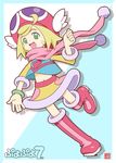  :d amitie_(puyopuyo) blonde_hair boots bracelet copyright_name full_body green_eyes hat jewelry open_mouth pink_footwear pom_pom_(clothes) puyopuyo puyopuyo_7 puyopuyo_fever running scarf shirt short_hair skirt smile solo standing standing_on_one_leg yellow_skirt zap 
