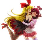  adapted_costume aida_mana animal_print bare_shoulders bat_print blonde_hair blush breasts closed_eyes couple detached_sleeves dokidoki!_precure glomp grin hairband half_updo happy high_heels hug huge_bow kikisuke_t long_hair medium_breasts multiple_girls open_mouth pantyhose pink_hair precure print_legwear red_ribbon regina_(dokidoki!_precure) ribbon shoes short_hair sideboob simple_background smile thighhighs white_background yuri zettai_ryouiki 