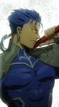  awa_suna blue_hair earrings fate/stay_night fate_(series) gae_bolg glowing glowing_eyes jewelry lancer male_focus over_shoulder polearm ponytail profile red_eyes solo spear weapon weapon_over_shoulder 