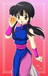  1girl bangs black_hair brown_eyes chi-chi_(dragon_ball) chichi china_dress chinese_clothes dragon_ball dragon_ball_(object) dress female kenjou_mizuki long_hair looking_at_viewer mikutuchi open_mouth ponytail red_background smile solo standing 