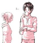  1girl annie_leonhardt bad_id bad_pixiv_id collarbone cup drinking eren_yeager long_sleeves shingeki_no_kyojin short_hair white_background 