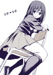  black_hair blush chair copyright_request kneehighs loafers long_hair monochrome oryou photo-referenced school_uniform shoes sitting sitting_backwards skirt solo 
