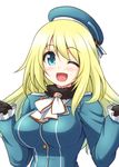  ;d atago_(kantai_collection) blonde_hair blue_eyes blue_hat blush bococho breasts gloves hat kantai_collection large_breasts long_hair looking_at_viewer military one_eye_closed open_mouth smile solo uniform 