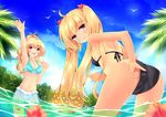  adjusting_clothes adjusting_swimsuit arm_up ass azure_(capriccio) bad_id bad_pixiv_id bikini bikini_skirt bird blonde_hair blush breasts cleavage day flower frilled_bikini frills hibiscus highres long_hair looking_at_viewer looking_back medium_breasts multiple_girls navel open_mouth original red_eyes see-through short_hair sky smile swimsuit tan tanline twintails wading water wet 
