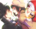  1boy 1girl black_hair chitanda_eru cuffs detective eye_contact gloves hat hyouka incipient_kiss kimi_ni_matsuwaru_mystery looking_at_another monocle oreki_houtarou peruri top_hat 