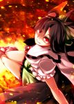  arm_cannon black_hair black_wings cape fire from_above hair_ribbon kazetto long_hair red_eyes reiuji_utsuho ribbon solo touhou weapon wings 