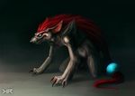  all_fours big_claws black_lips blue_eyes canine claws detailed fox fur grey_background grey_fur grin hair long_hair male mammal nintendo nude plain_background pok&#233;mon pok&eacute;mon pose realistic red_claws red_hair sharp_teeth smile solo tanathe teeth video_games zoroark 