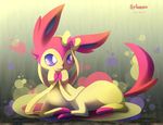  ambiguous_gender blue_eyes bow cute eeveelution feral nintendo pok&#233;mon pok&eacute;mon ribbons smile solo sylveon unknown_artist video_games 