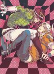  blonde_hair blue_eyes box cramped diego_brando gloves green_shirt iloivar johnny_joestar jojo_no_kimyou_na_bouken multiple_boys shirt spurs steel_ball_run tail 