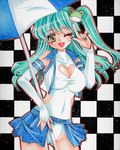  adapted_costume breasts checkered checkered_background cleavage cleavage_cutout elbow_gloves fingernails frog_hair_ornament gloves green_eyes green_hair hair_ornament heart kochiya_sanae large_breasts leotard lipstick long_fingernails long_hair makeup midriff mitsuba_(threeleaf) nail_polish one-piece_swimsuit one_eye_closed open_mouth parasol race_queen showgirl_skirt side_ponytail skirt smile solo swimsuit touhou umbrella white_gloves 