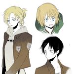  2boys annie_leonhardt armin_arlert bad_id bad_pixiv_id belt black_hair blonde_hair blue_eyes collarbone emblem eren_yeager ewigkey face long_sleeves multiple_boys open_mouth paradis_military_uniform shingeki_no_kyojin short_hair silver_eyes training_corps_(emblem) uniform white_background 