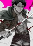  ascot bad_id bad_pixiv_id belt black_hair blood cape isamu jacket levi_(shingeki_no_kyojin) male_focus paradis_military_uniform shingeki_no_kyojin solo sword thigh_strap weapon 