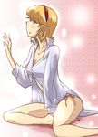  alice_margatroid bad_id bad_pixiv_id barefoot blonde_hair blue_eyes breasts cleavage collared_shirt dress_shirt foot_out_of_frame hairband long_sleeves looking_away medium_breasts no_pants non_(z-art) panties parted_lips pink_background profile shirt short_hair side-tie_panties sitting solo touhou underwear white_shirt 