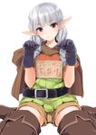  bad_id bad_pixiv_id belt blush boots braid brown_eyes cloak dragon's_crown elf elf_(dragon's_crown) gloves head_tilt highres hood kiriyama long_hair pointy_ears shorts sign silver_hair sitting solo thigh_boots thighhighs translated twin_braids wariza 