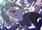  bad_id bad_pixiv_id bow bowtie giantess green_eyes green_hair hatsune_miku long_hair mazeshi open_mouth sitting skirt solo thighhighs twintails vocaloid 