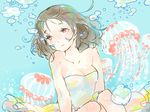  air_bubble blue_background brown_hair bubble colorful dress jellyfish original pink_eyes smile solo strapless strapless_dress tsukia underwater 